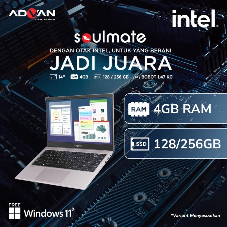 Laptop Advan Soulmate Intel Celeron N4020 14&quot; RAM 4GB 256GB 128GB SSD