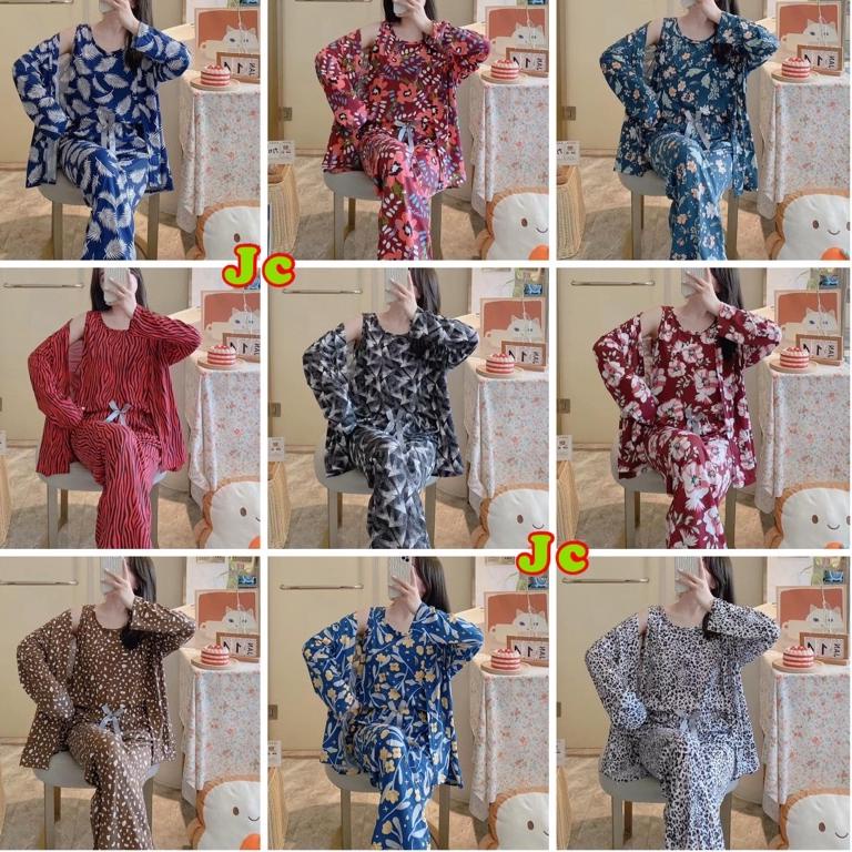 CHEKOUT JC- Set Kimono 3in1 PP Import / Baju tidur Kimono Set Kekinian / Set Kimono wanita terbaru