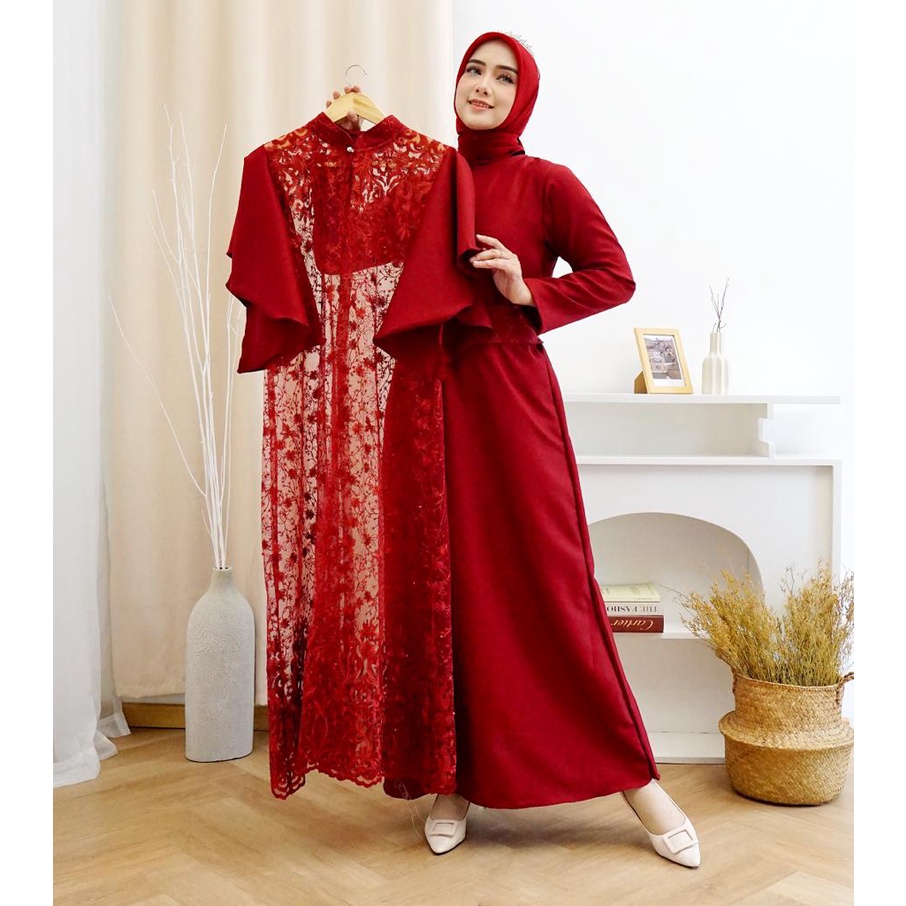 (Pasti Realpict) 2IN1 GEORGINA DRESS INNER + OUTER BRUKAT TILLE PREMIUM / FREE BELT / SET GAMIS MAXI DRESS KONDANGAN