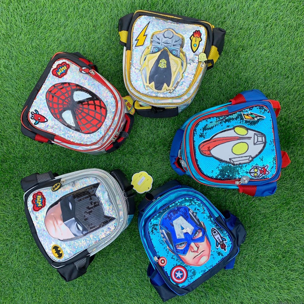 Tas Sekolah Anak Ransel Import Sequin Superhero / Tas Sekolah Backpack Anak SD dan TK dan Playgroup Anak Laki - Laki