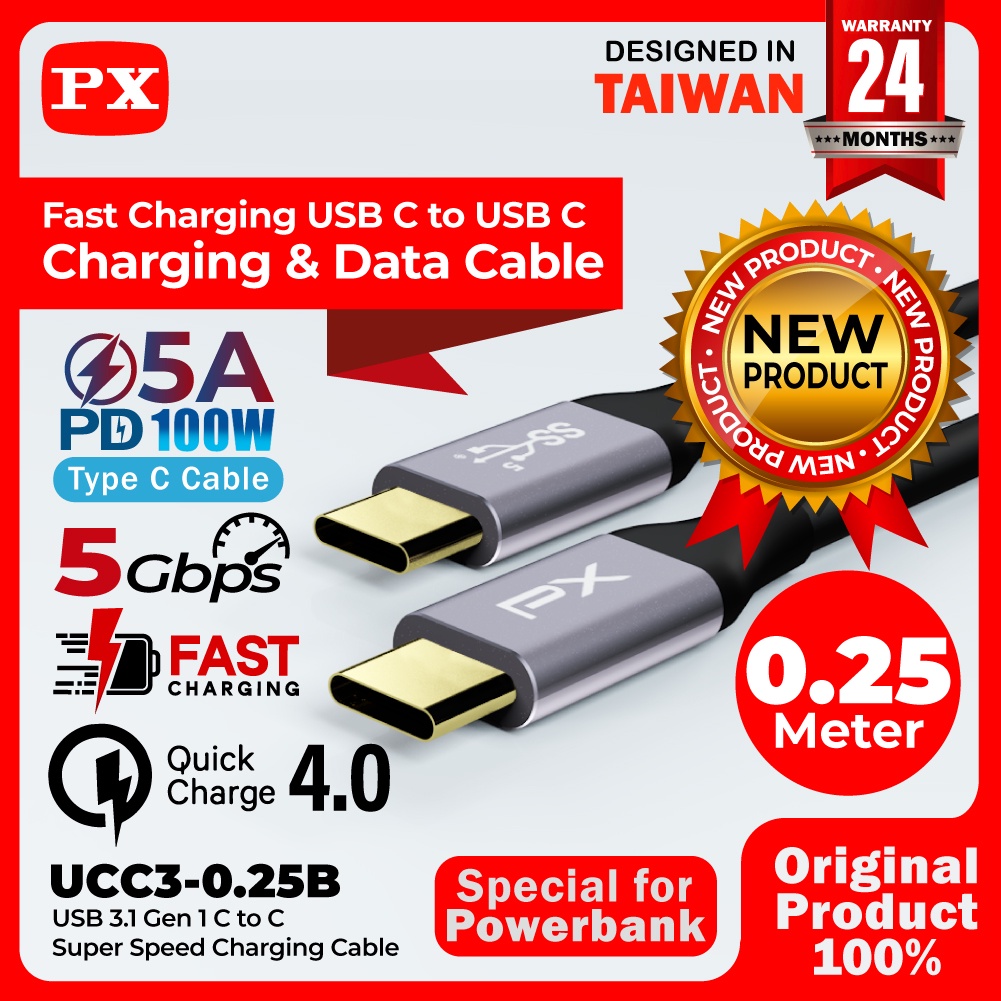 Kabel Data Type C Fast Charging Quick Charge 0.25 Meter PX UCC3-0.25B