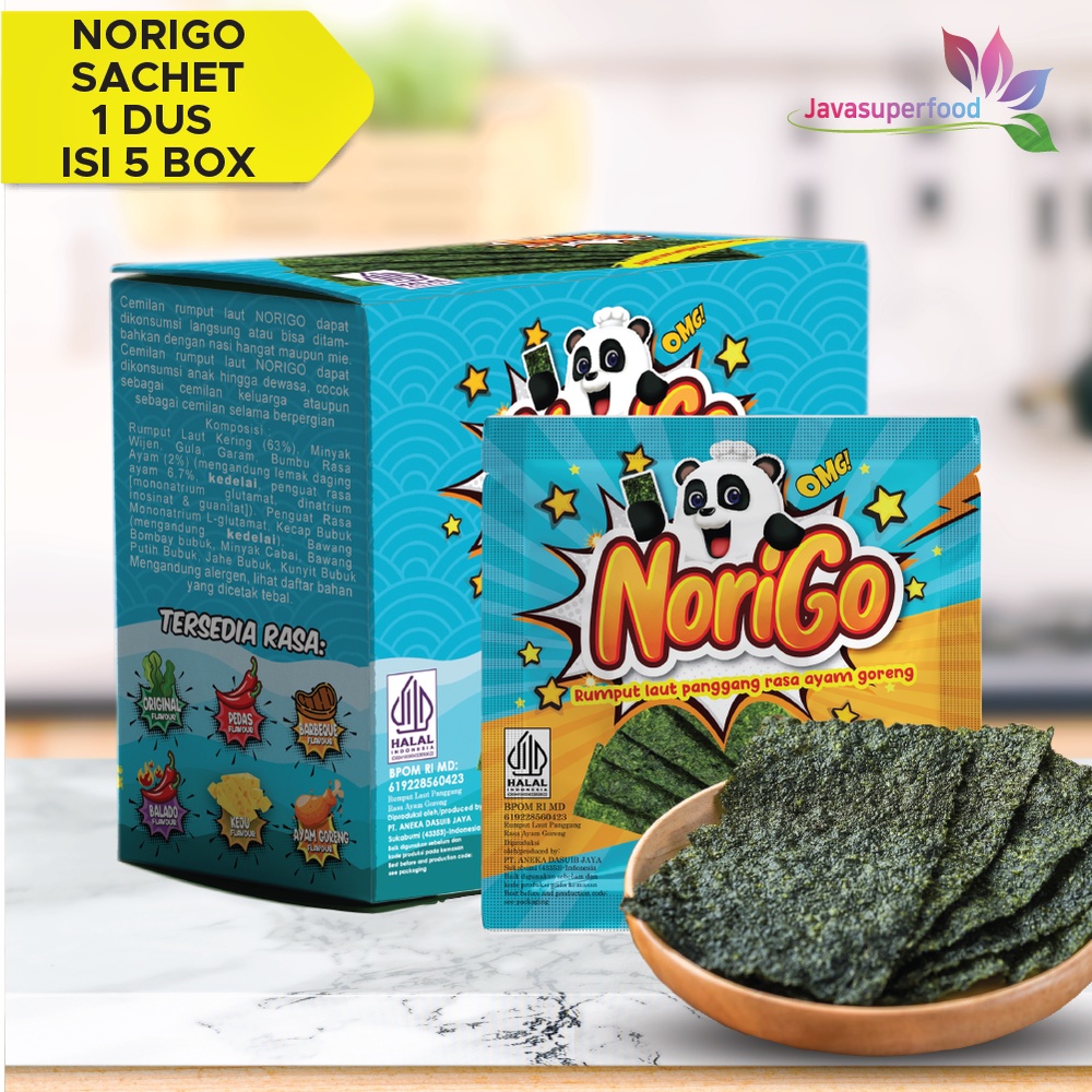 Norigo Ayam Goreng (1 DUS ISI 5 PACK) FREE 10 PCS / Nori Sachet Seaweed Snack 3g Rumput Laut Halal Rasa Ayam Goreng