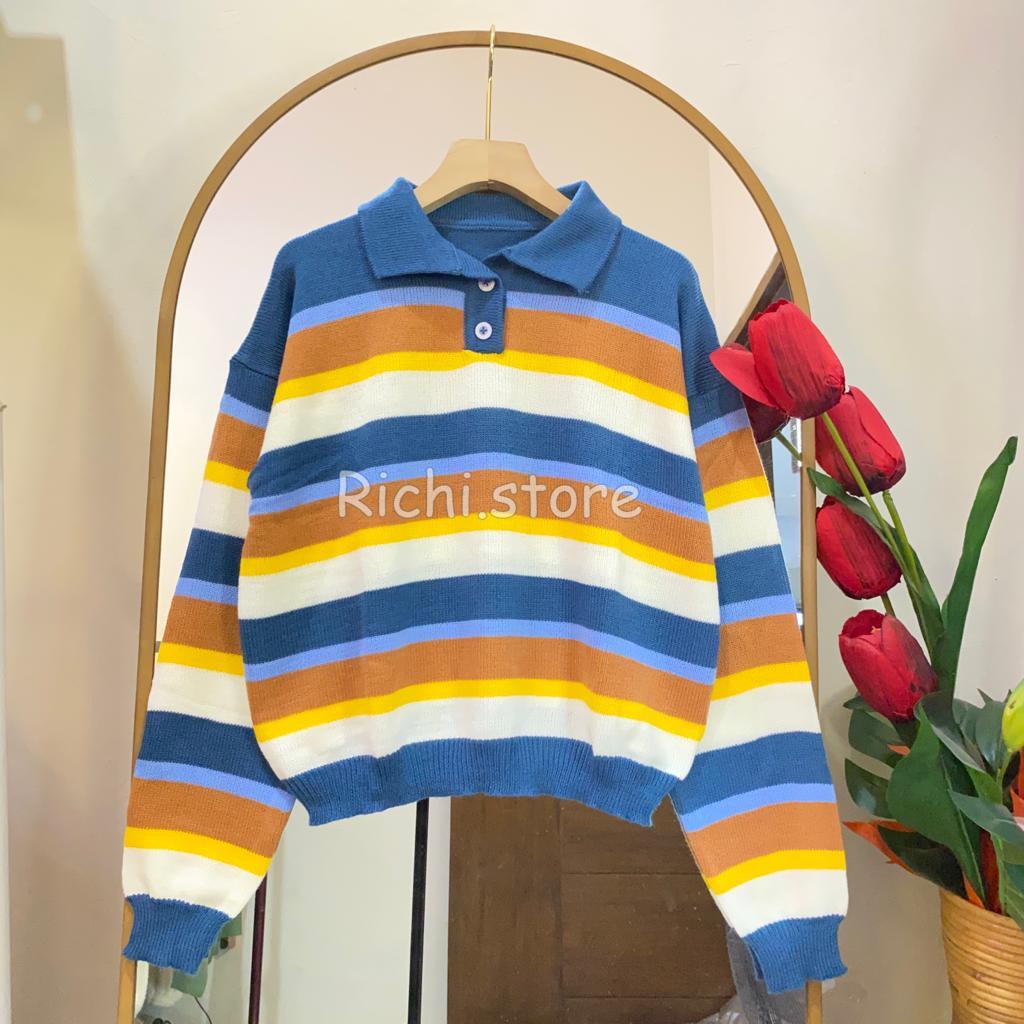 MIKHA POLO BLOUSE RAJUT MOTIF GARIS TERBARU