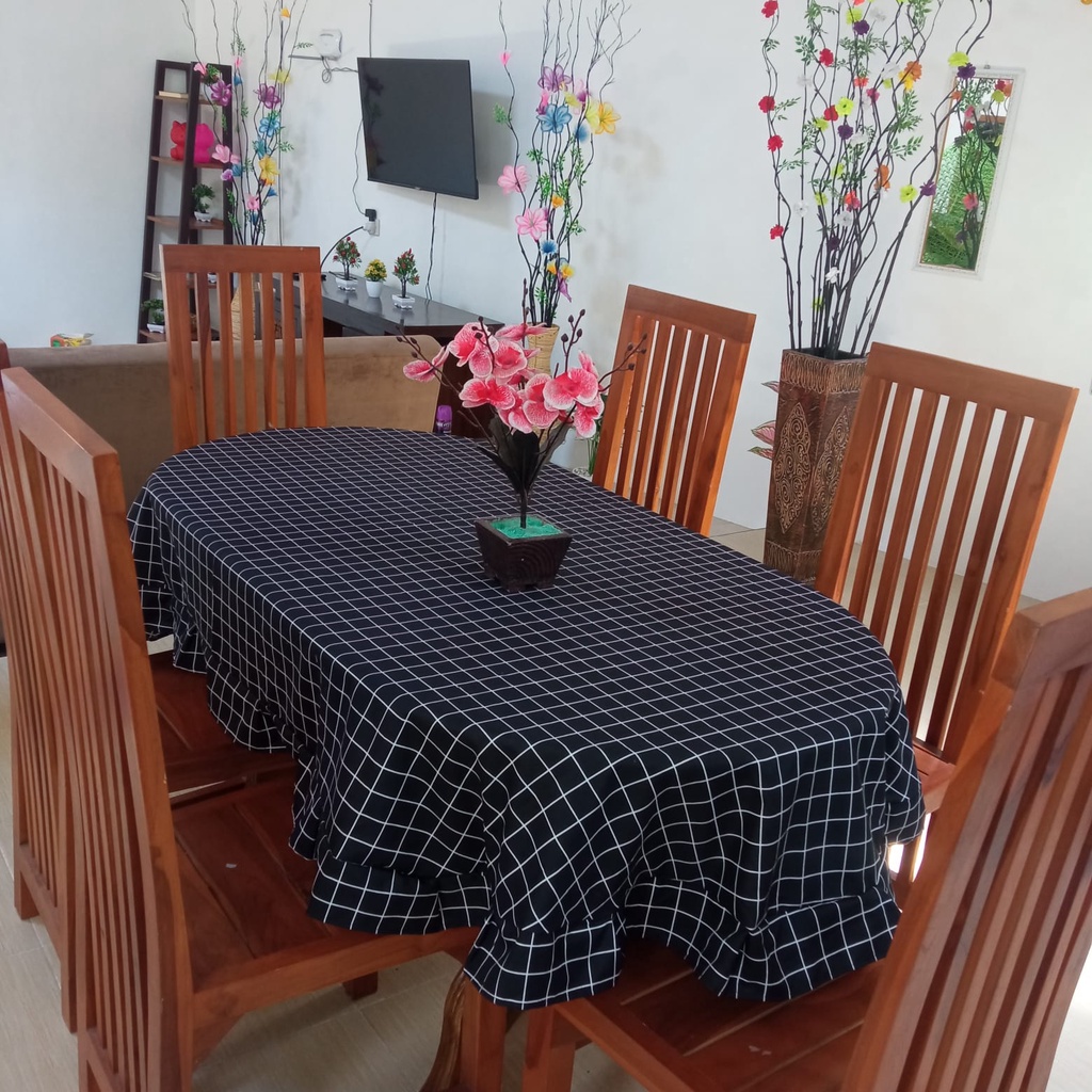 TAPLAK  MEJA MAKAN OVAL KAIN KATUN 4-6 KURSI MODEL RUMBAI ANEKA MOTIF PERLENGKAPAN DEKORASI DAPUR RUMAH