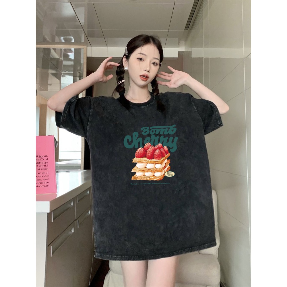 XIAOZHAINV Korean Style Cake Art Pattern Washed Printing Kaos Wanita A0267