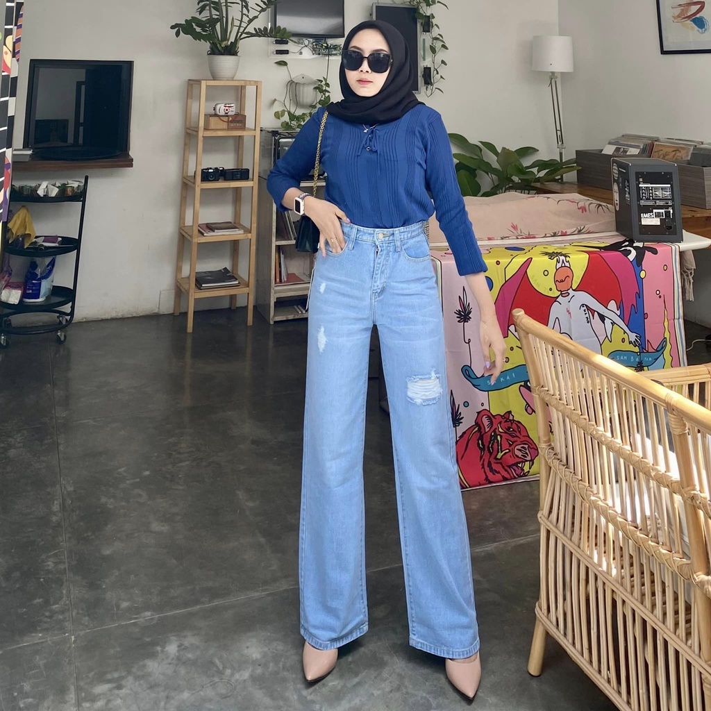 ORE - Vinka Kulot Jeans Nonstrecht Sobek Wanita Light Blue