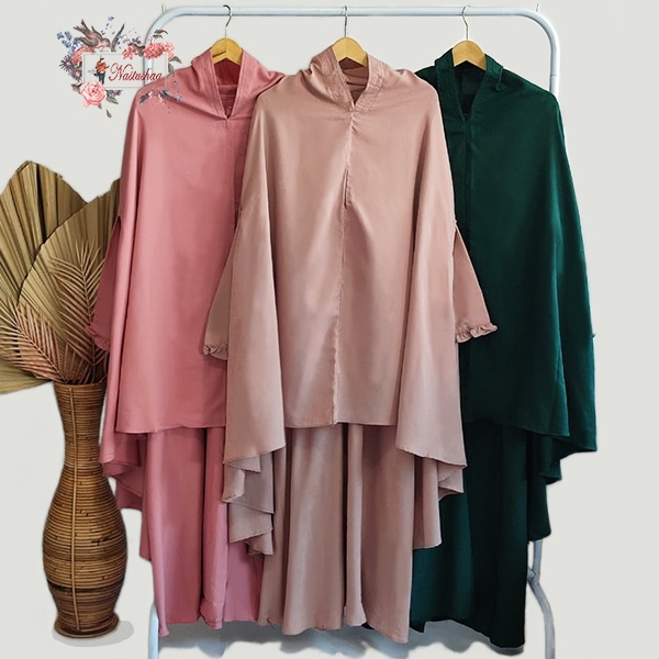 Gamis Polos Wanita Set Khimar Syari Set Gamis Khimar Bolong Tangan Jumbo Bahan Wollycrepe Baju Wanita Muslimah Syari Busui Friendly