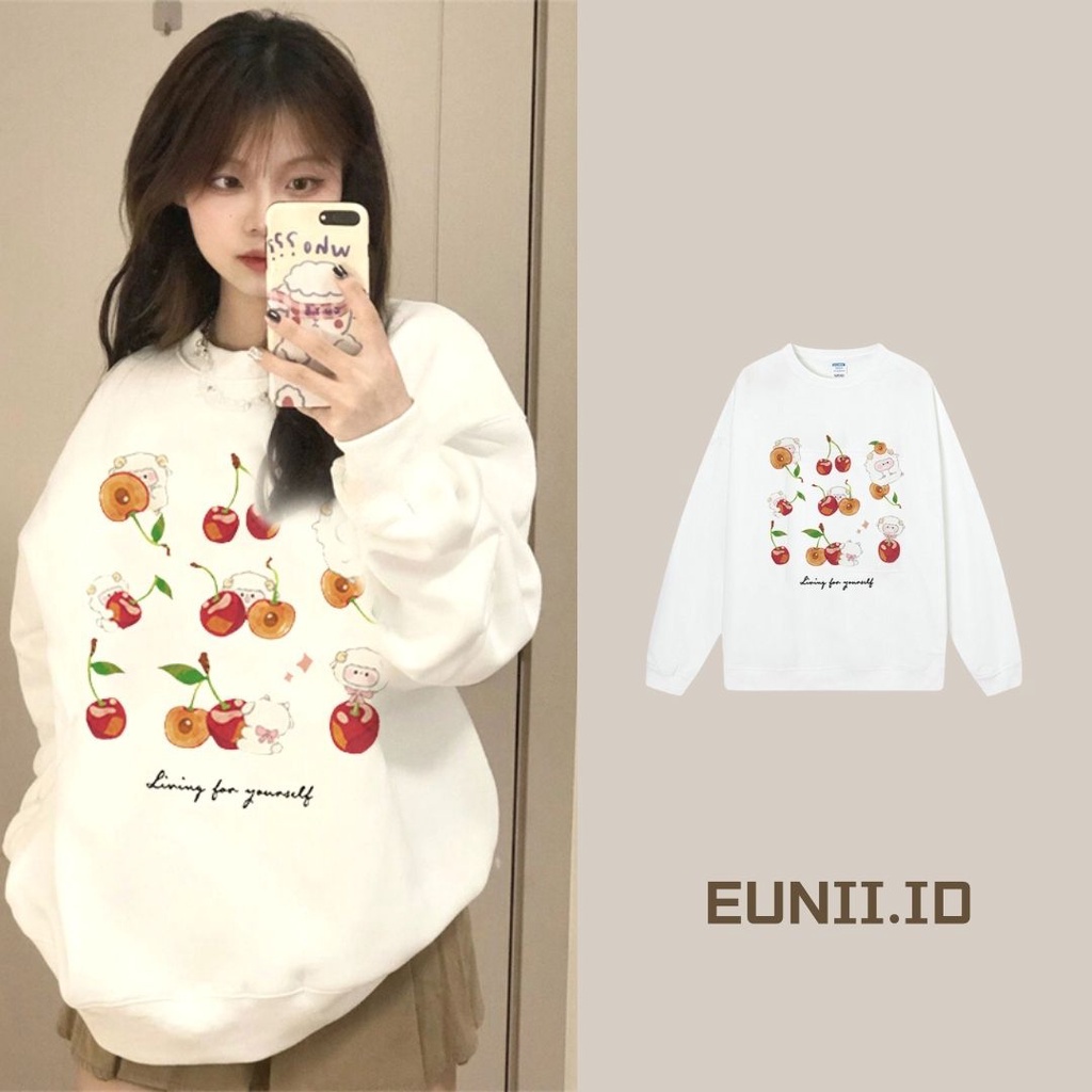 EUNII Sweater Lengan Panjang Cartoon Lamb Cherry Korean Style/Sweater Crop/Baju Wanita/Switer Wanita/Switer