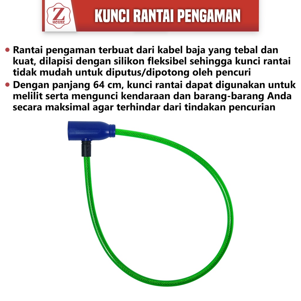 Kunci rantai 64cm/ kunci rantai pengaman Gembok plus kunci pengaman rantai rante sepeda motor helm Pendek panajng 64cm Cable Lock Kunci Kabel Pengaman Motor Helm Pentol Baja Karet Gembok Kawat Dengan Kunci