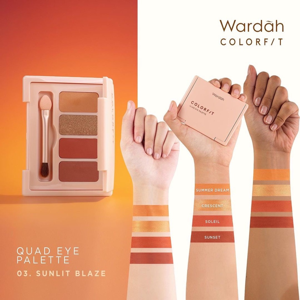 WARDAH Colorfit Quad Eye Palette Indonesia / Eyeshadow 4 IN 1 / Pigmented Blendable Microsmooth Creasing / Matte Shimmer Natural / 01 Brunette Dawn 02 Rose Aurora 03 Sunlit Blaze / Cosmetic Face Makeup Series / Highlighter Highlight Contour Bronzer Shadow