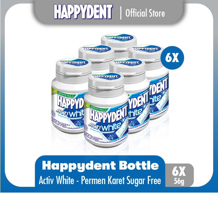 

Happydent Acti White Sugar Free Bottle 56g - Permen Karet Mint Bebas Gula (6 Bottles)