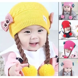 Kupluk Pompom Polos Kepang Bayi / Anak Usia 6 Bulan - 3 Tahun Bahan Rajut bisa bayar di tempat