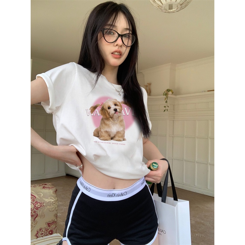 EUNII T-shirt Lengan Pendek Cartoon Pink Dog Korean Style/Kaos Atasan Wanita/Baju Kaus Oversize Wanita/Kaos Wanita