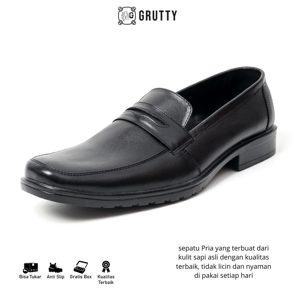 Sepatu Pria Formal Pantofel Kulit Asli Tanpa Tali Big Size Ukuran Besar GRUTTY DC015 Hitam