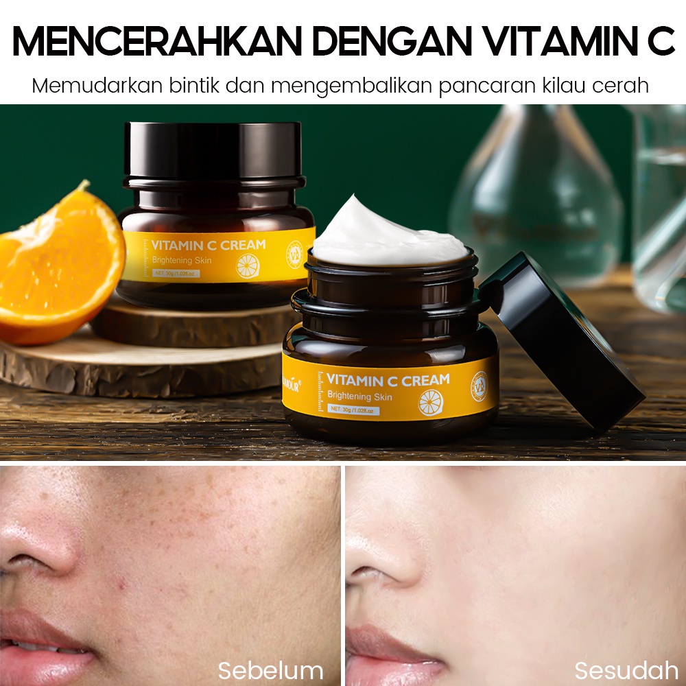 VIBRANT GLAMOUR Vitamin C Face Cream Brightening Whitening Moisture Cream for Face &amp; Body Facial VC Freckles Remove Dark Spots Skin Nourish Brighten Remove Freckle Anti Aging Refreshing Not Greasy 30Gr-Pelembab Pemutih