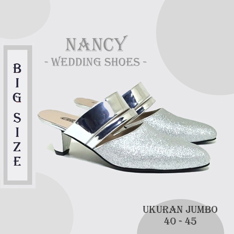 NANCY X ZAGIB WEDDING HEELS MULES | Sepatu Wanita Bustong Silver Pesta Ukuran Besar 40-45