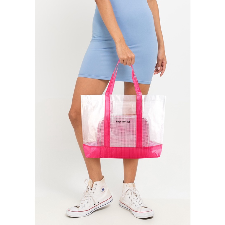 Tas Tote Bag Hush Puppies Original Kombinasi warna putih dan Pink Merah Muda Satchel Santai Elegant 