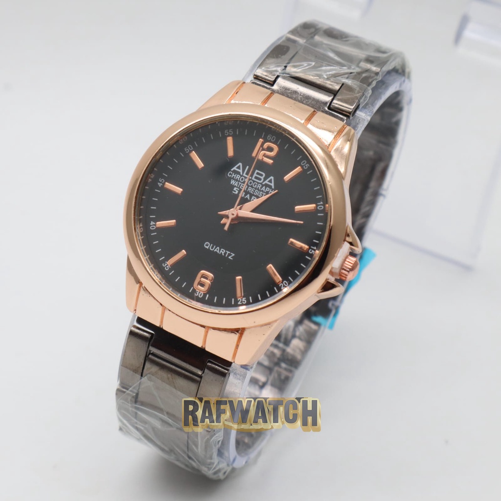 Jam Tangan Pasangan Pria Wanita Analog Casual Rantai Stainless Hitam Rose RPA6