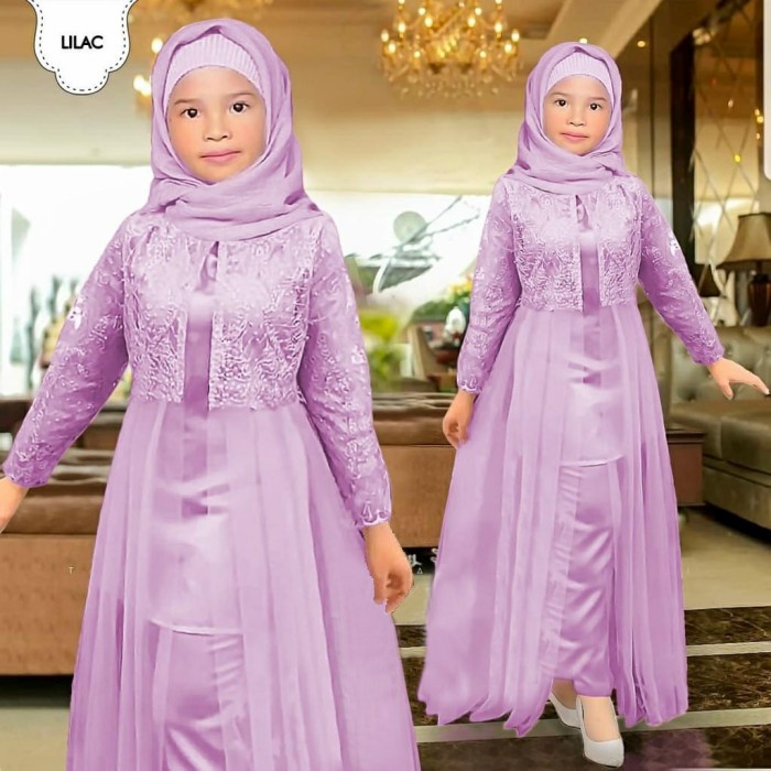 gamis anak syari brokat tile baju lebaran pesta mewah murah terbaru - mustard