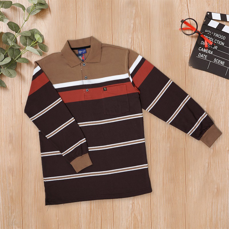 Noveli wear - Kaos kerah pria dewasa motip salur engineering stripe saku lengan panjang 7879