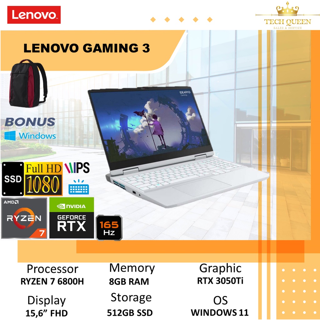 LENOVO GAMING 3 2022 15 RTX3050TI 4GB RYZEN 7 6800H 8GB 512SSD WINDOWS 11+OHS 15.6 INCHI FHD 165HZ 100SRGB BLIT MOS WHT