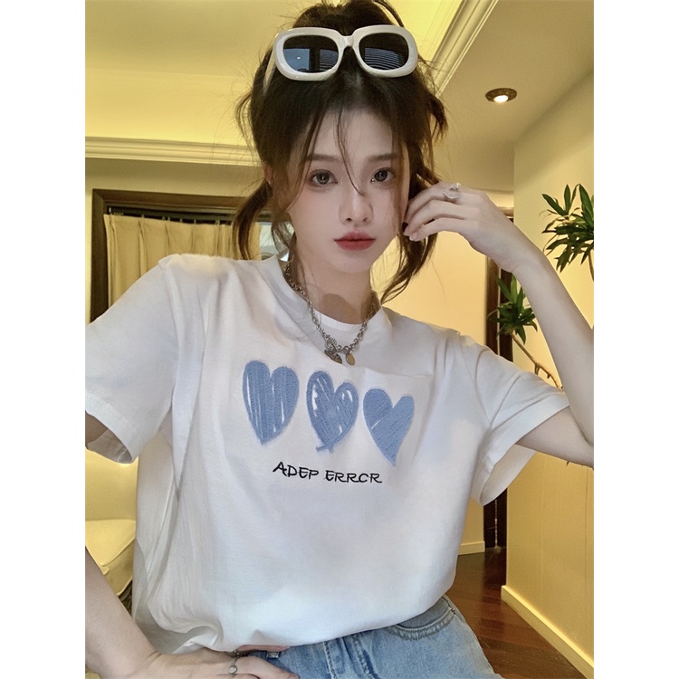 100% cotton baju kaos wanita lengan pendek korean style blue heart graffiti print t-shirt import kaos puith ootd