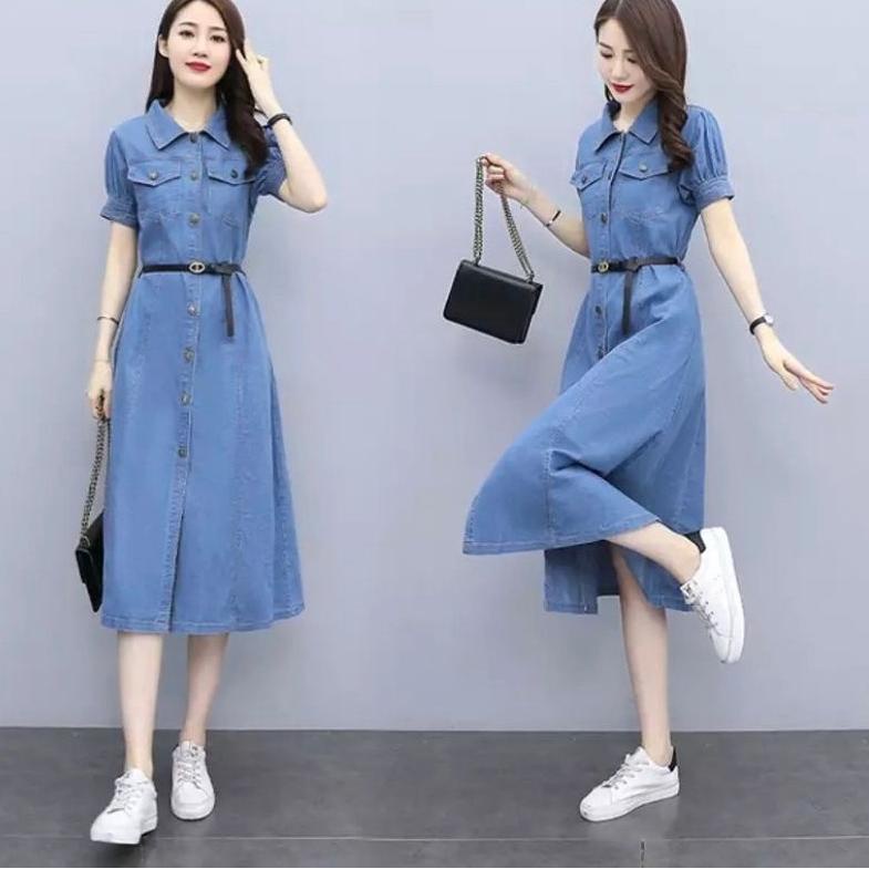 SALE DRESS JEANS WANITA LENGAN PENDEK / LONG TUNIK JEANS WANITA LENGAN PENDEK ( FREE BELT )