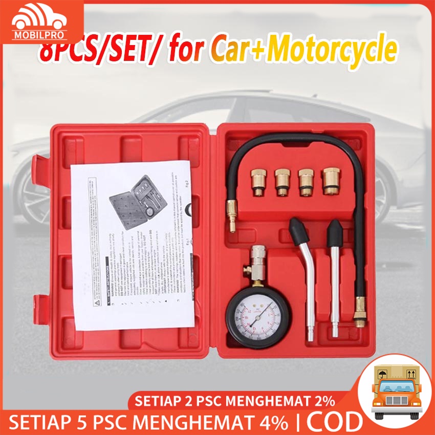 8Pcs / Set Tester Kompresi Silinder Mesin Mobil Alat Pengukur Tekanan Gas Mesin Cylinder Compression Tes Kebocoran Kompresi