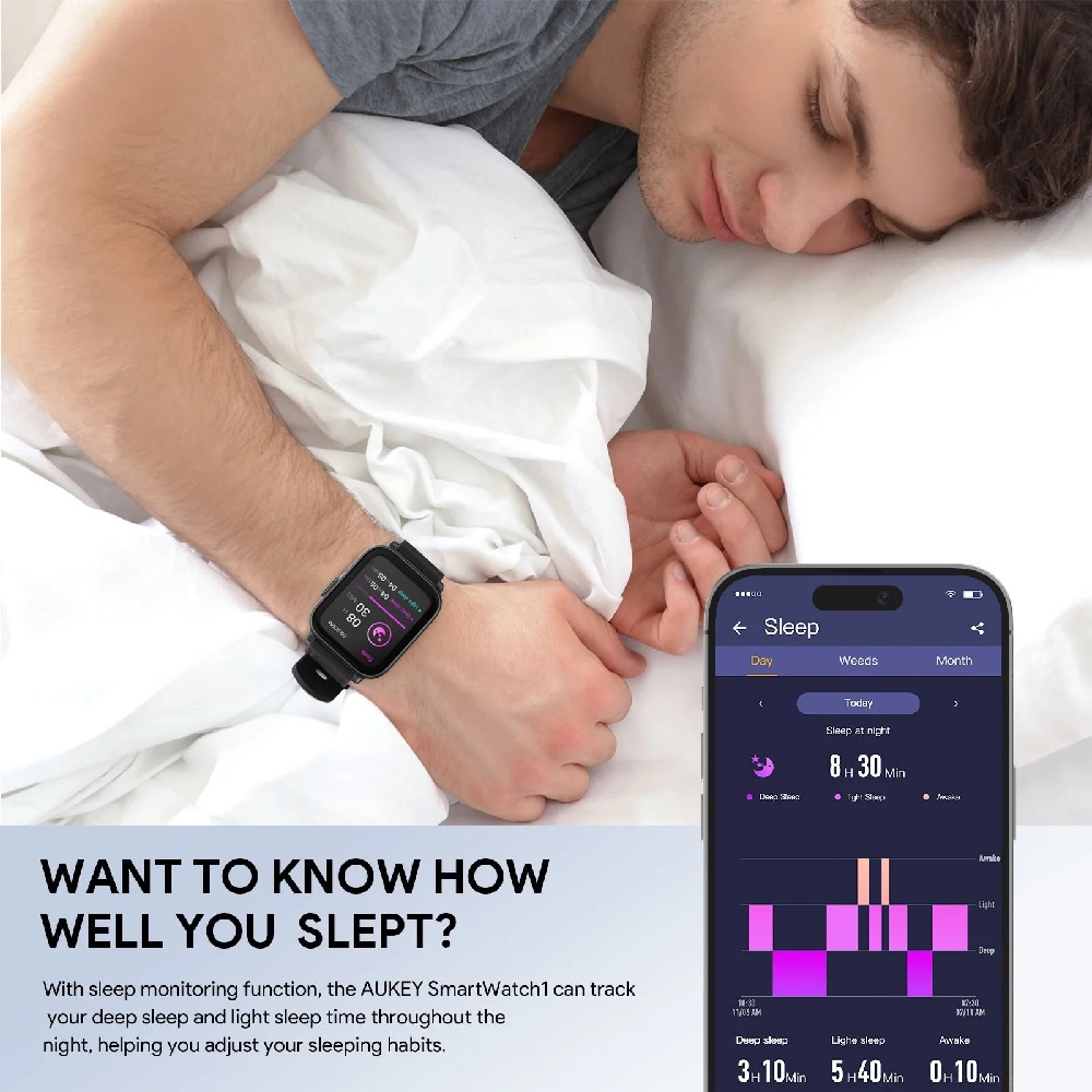 AUKEY SW-1 - Smartwatch Fitness Tracker Waterproof Heart Rate Sensor - Jam Tangan Pintar dengan Pengukur Detak Jantung dan Kadar Oksigen dalam Darah