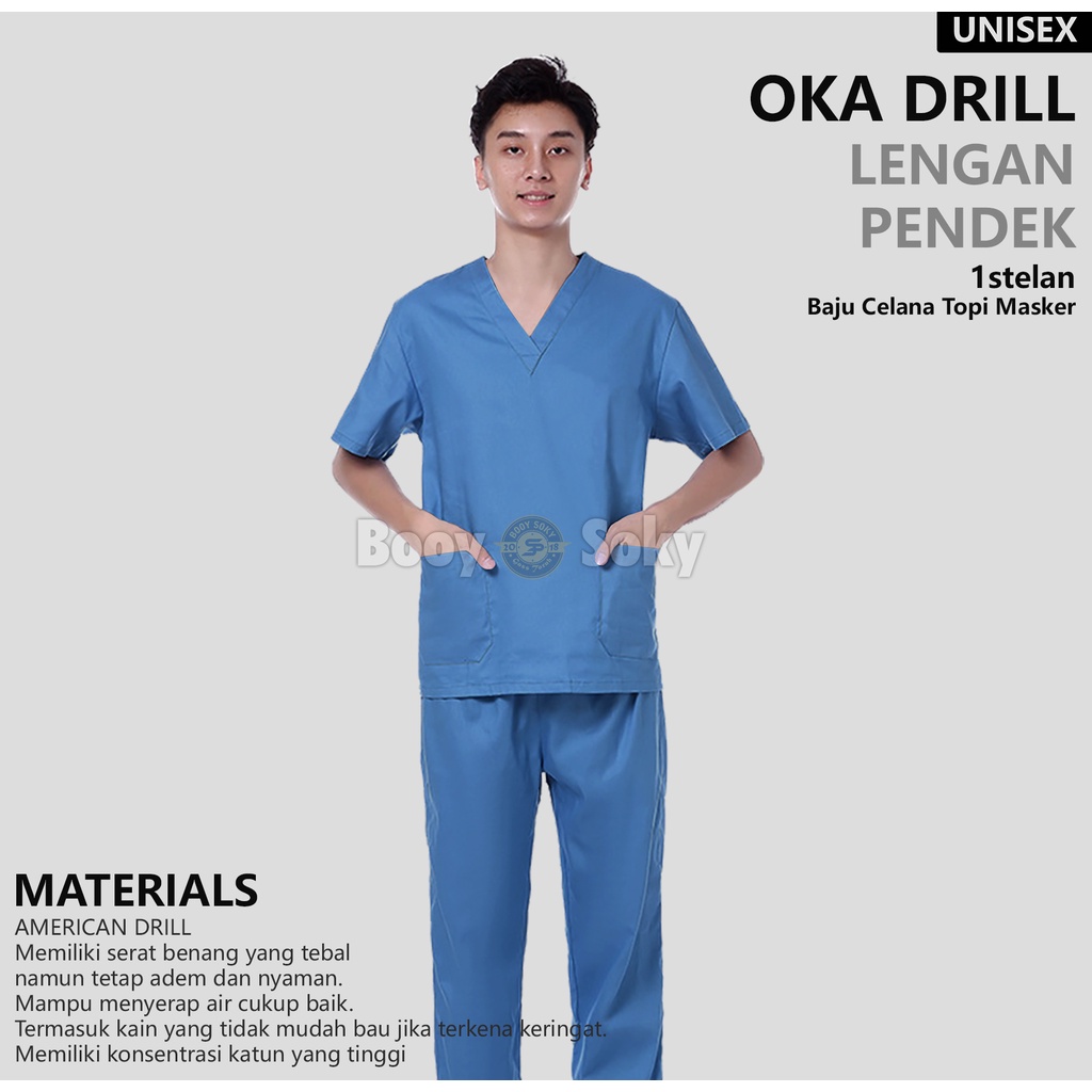 Baju Ok Lengan Pendek Pria / Baju Oka Lengan Pendek Cowok Doctor's Scrub Jaga Oka Biru Muda