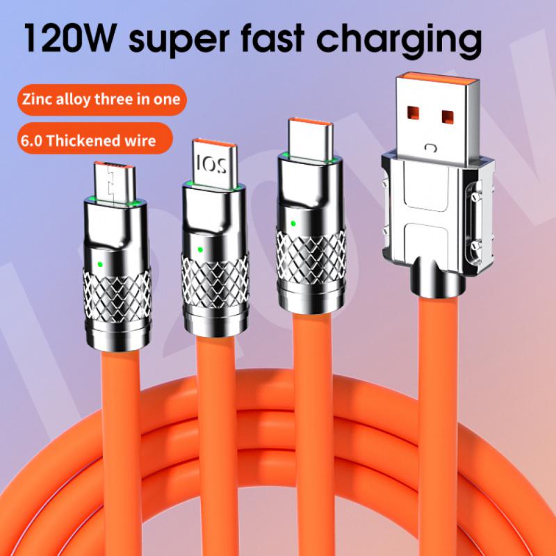 Kabel USB 120W 6A Tipe C Kabel Cas Super Cepat Kabel Data Charger USB 3in1