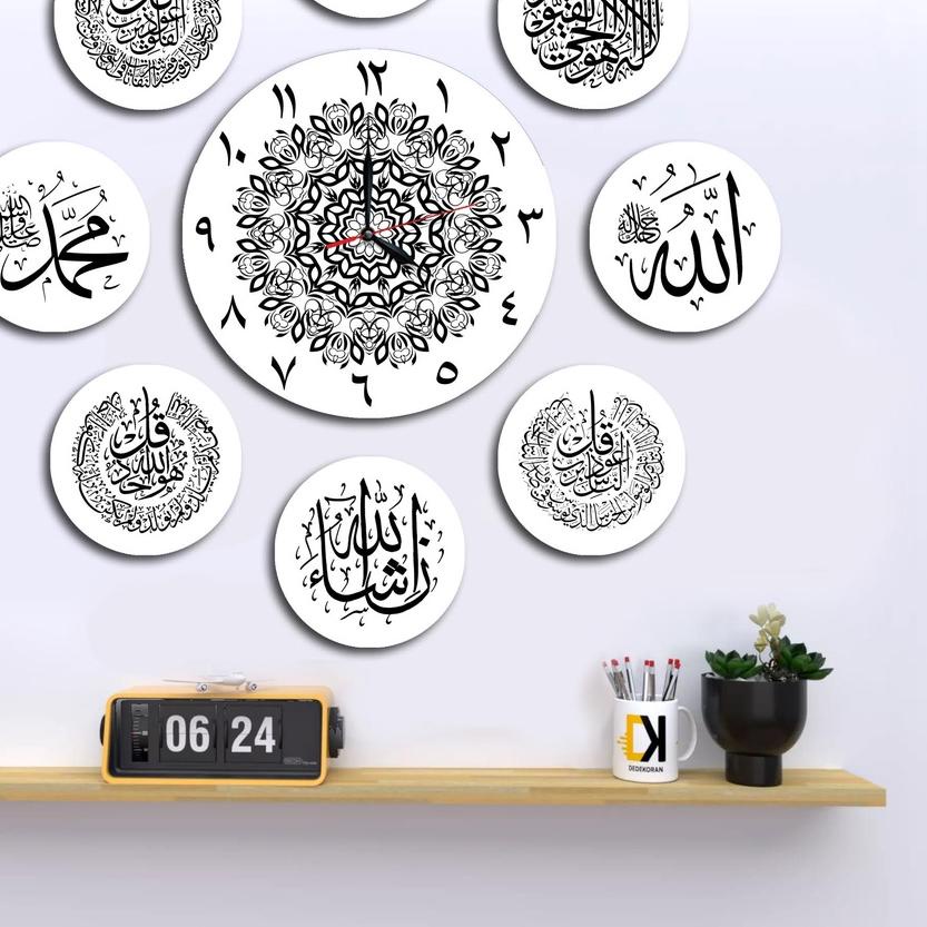 ⅎ Jam Dinding Kayu Bulat Jumbo 1 Set Kaligrafi  ❀