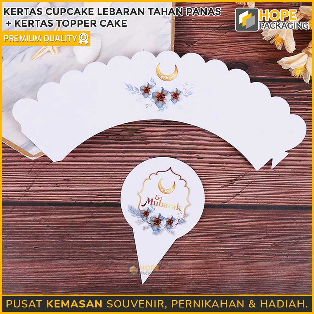 PAKET Kertas Cupcake 5 PCS Tahan Panas + topper cake Lebaran / Hiasan Kue Edisi Idul Fitri Topper Cupcake Desain Tulisan