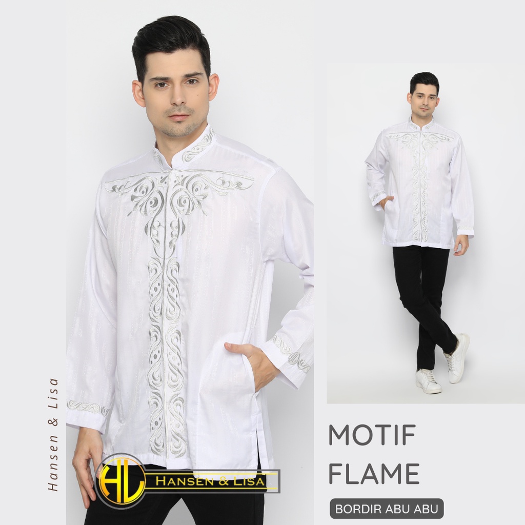 H&L Baju Koko Pria Lengan Panjang Muslim Pria Koko Putih Bordir Flame- Juragan Koko Keren