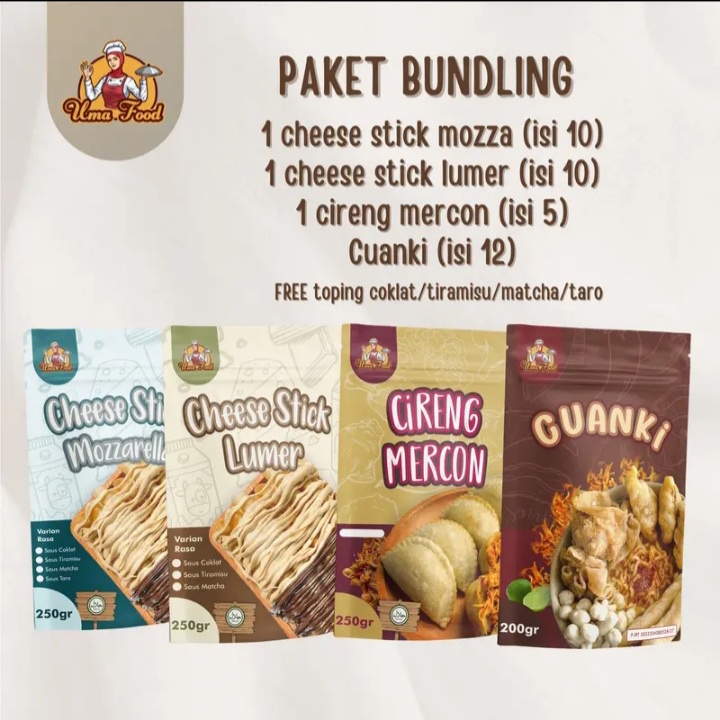 

PAKET BUNDLING (cheesestick moza + cheesestick lumer + cireng mercon + cuanki)