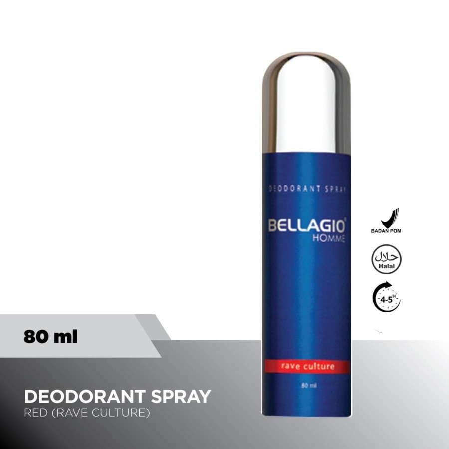 Bellagio Deodorant Spray Rave Culture (Red, 80ml) Pewangi Pria Laki-laki Penghilang Bau Badan Tubuh 