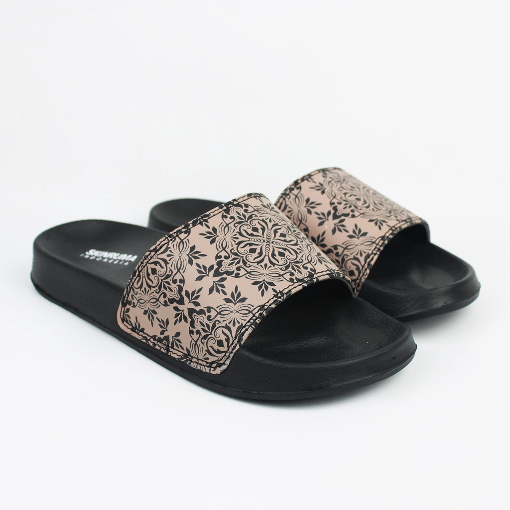 Sendal Slop Pria Wanita SKINRUMA Motif Batik Kembang Hitam Coklat / Slip On Pria / Slide Pria / Sendal Cowok