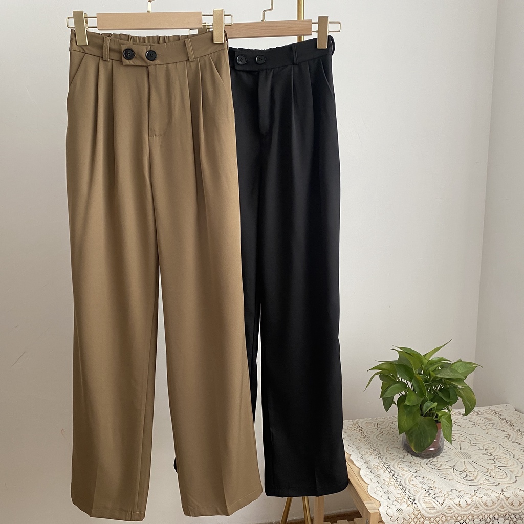 [Import]Celana Panjang Hitam Loose Kancing Dua Wanita Korean Style High Waist Straight Pants