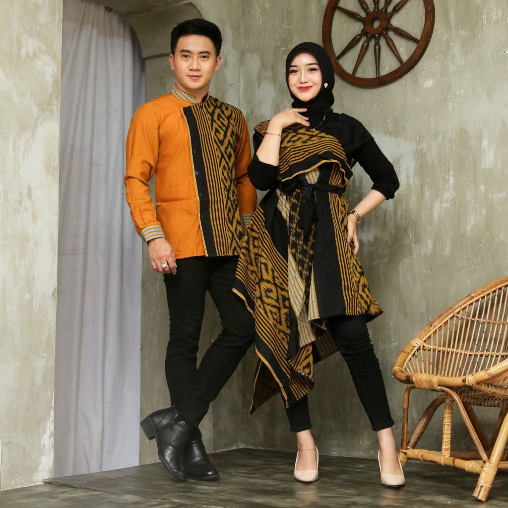 GOLDEN DRESS SIERA &amp; LUKMAN KEMEJA PRIA LENGAN PANJANG TENUN ASLI KEISHAN.ID TORAJA JEPARA COUPLE KONDANGAN LAMARAN ENGAGEMENT LEBARAN