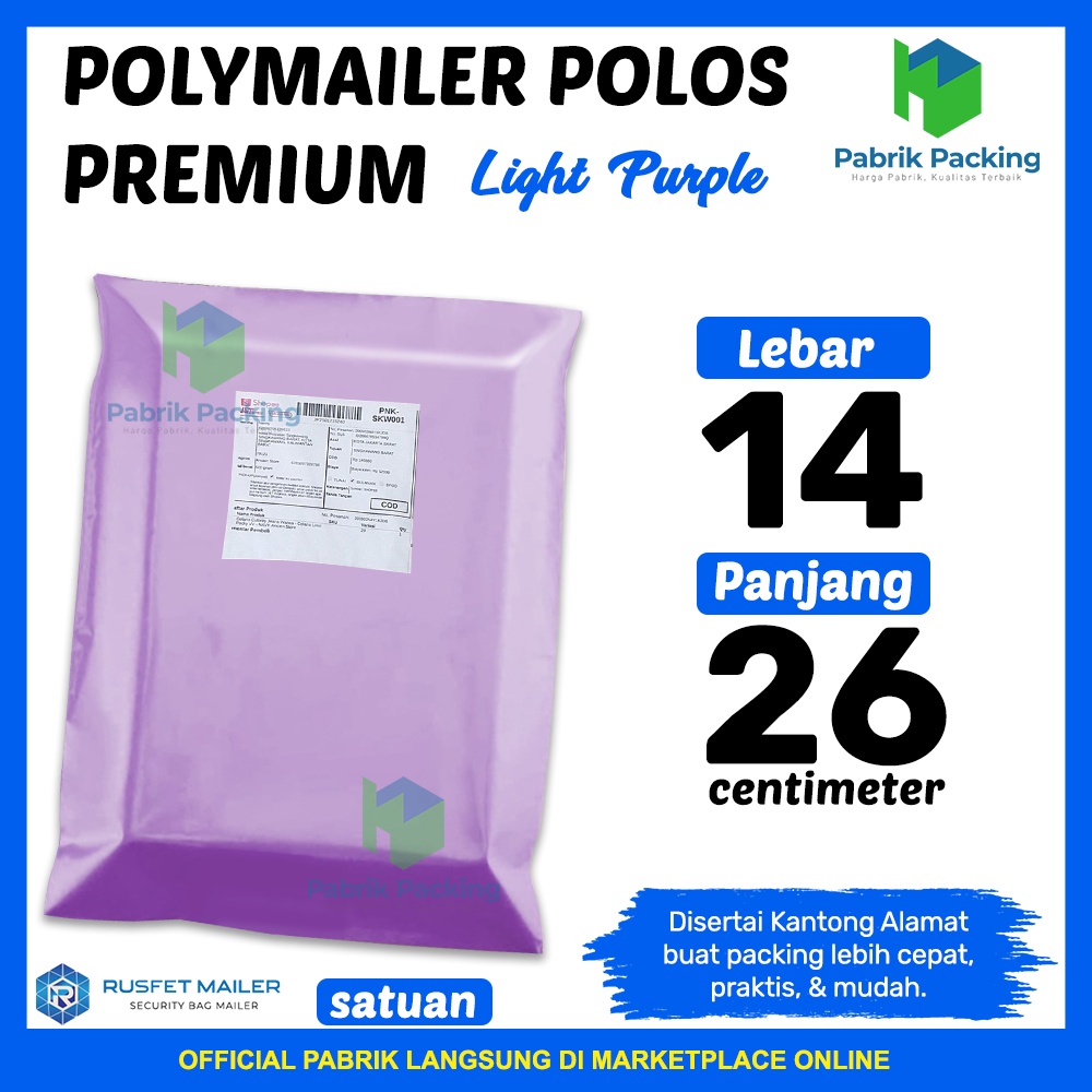 

Polymailer Premium Rusfet | Amplop Packing Rusfet Light Purple 14x22 cm Satuan Termurah