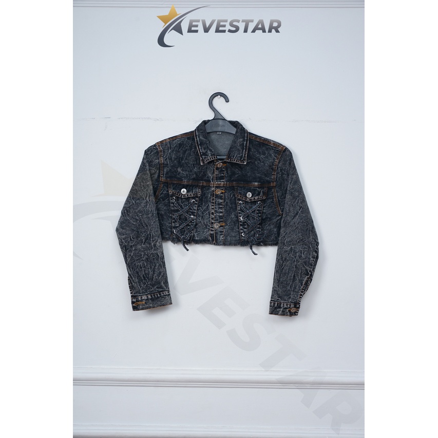 Jaket Kancing Crop Top Tali Navy Wanita Jaket Stretch Lentur Berkualitas Premium Original Jaket Deni