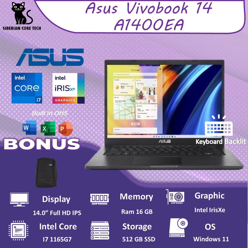 ASUS VIVOBOOK 14 A1400EA VIPS751 I7 1165G7 16GB 512SSD W11+OHS 14.0FHD IPS