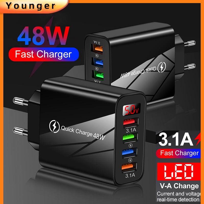 48w EU/UK/US Plug USB Charger LED Digital Display Quick Charge 4port Power Adaptor Ponsel Untuk i-phone Android Tipe C