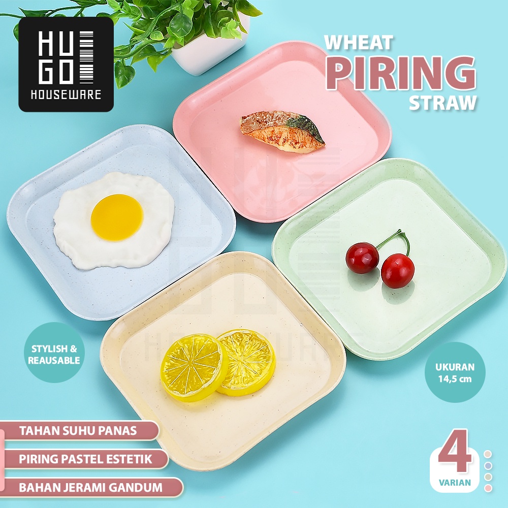 HUGO Piring Persegi Bahan Jerami Serat Gandum Piring Plastik Piring Cemilan Serbaguna Microwaveable