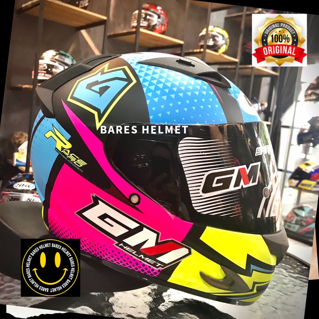 Helm GM race pro flas black pink light blue yellow doff