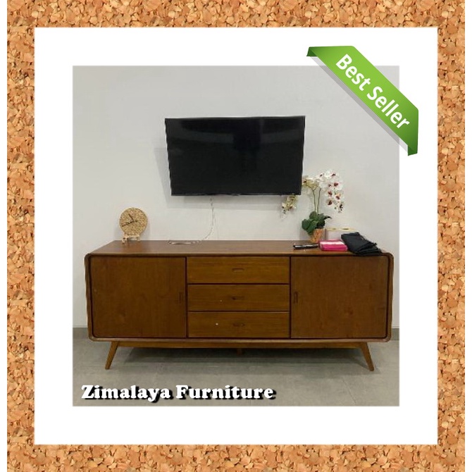 Bufet Meja TV Kayu Jati Model Minimalis Retro Pintu Blok 3 Laci