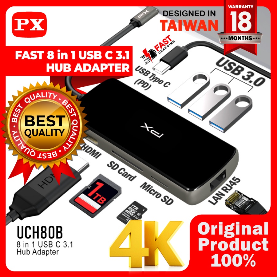 USB Hub Type C 3.1 to HDMI USB LAN Macbook Laptop 8 in 1 PX UCH80B