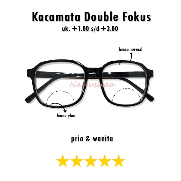 Kacamata Lensa 2 Fungsi (+) Normal dan Plus Tersedia Ukuran +1.00 - +3.00 Kacamata Bingkai Hexagonal Hitam Oversize Unisex FREECASE