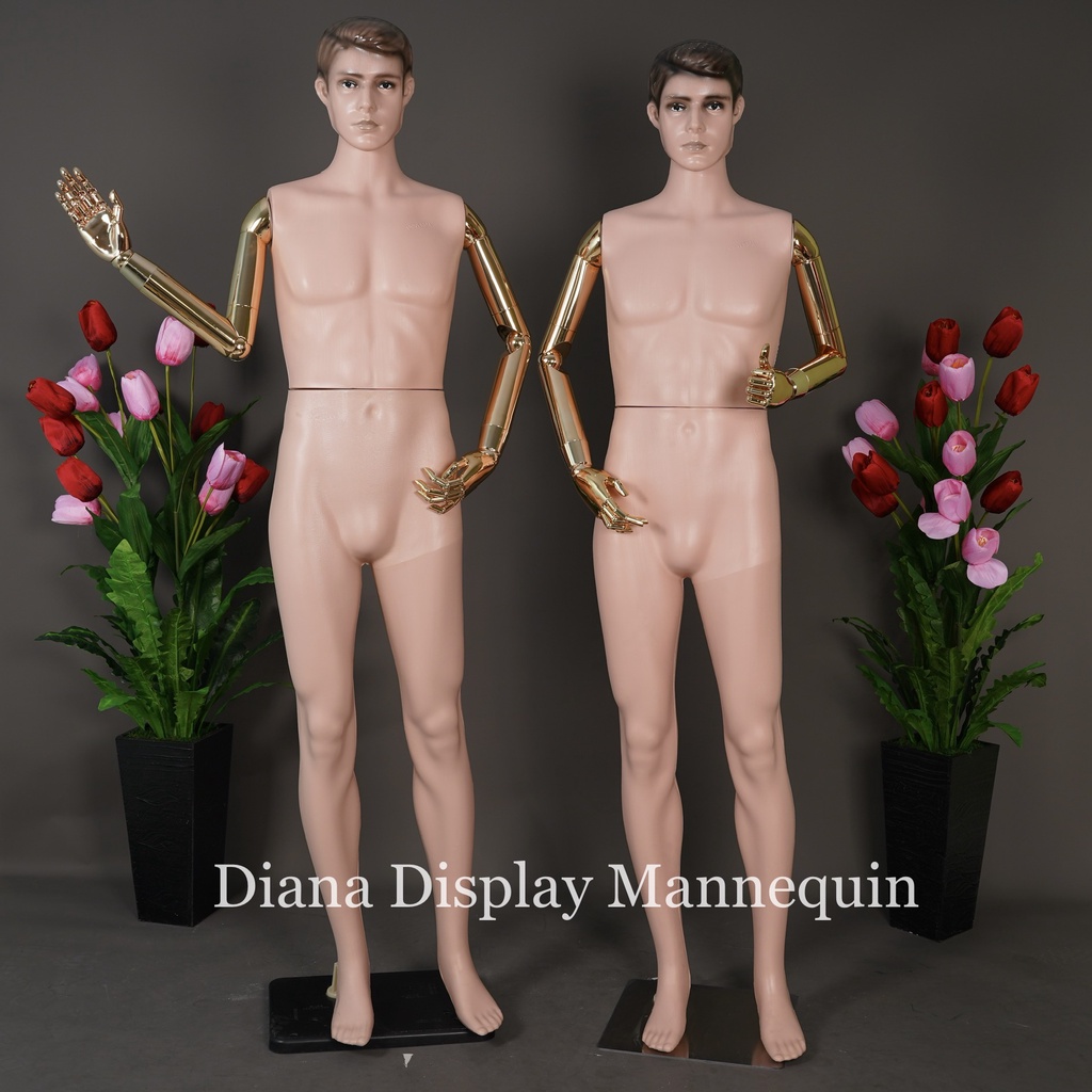 PATUNG MANEKIN FULLBODY PRIA DENGAN TANGAN ROBOT PLASTIK MOTIF KAYU ATAU EMAS