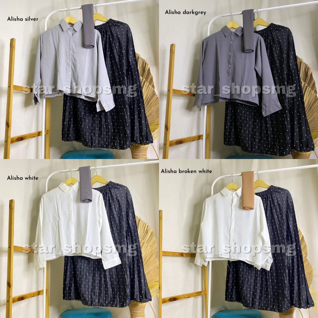 (3  in1) ONE SET ALISHA (pashmina ceruti+kemeja crinkle+rok polka)